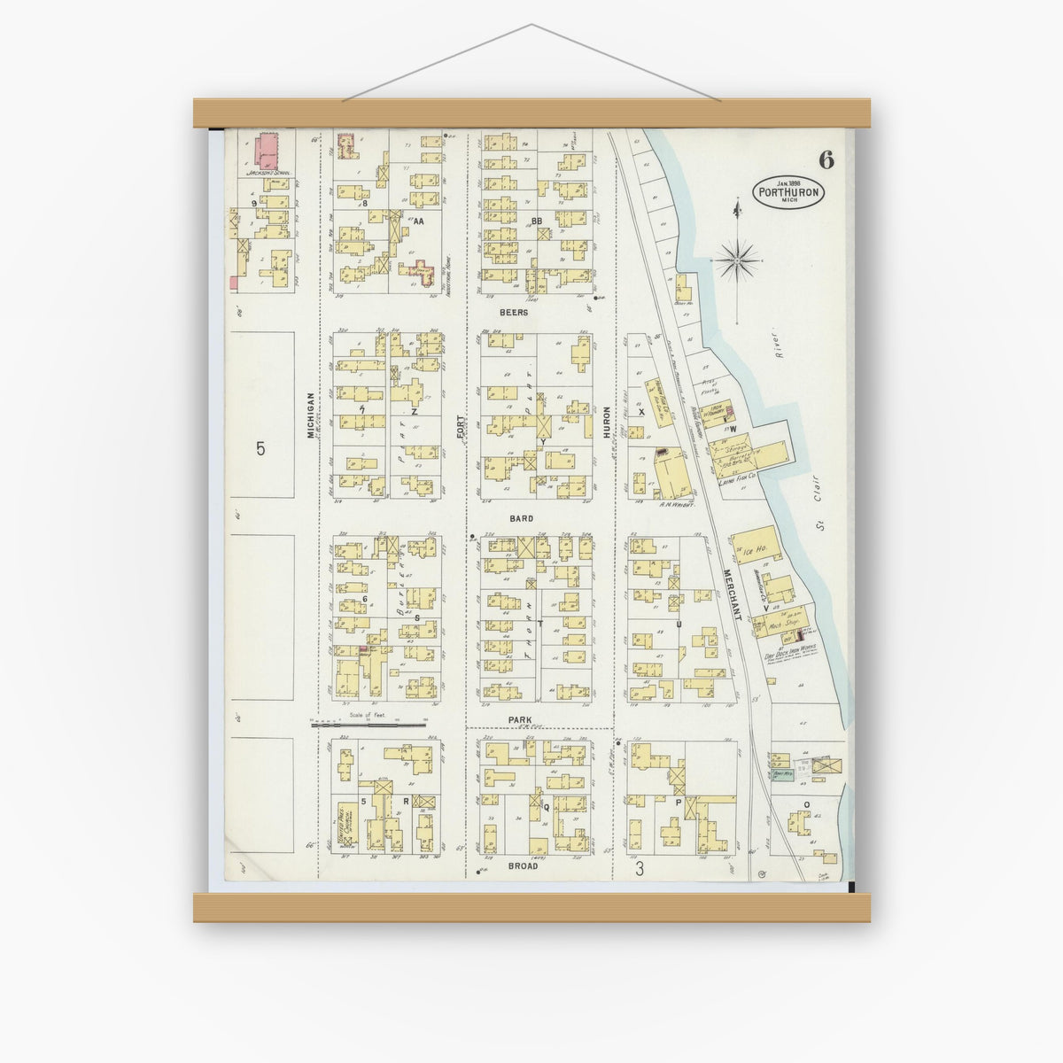 Old map wall art mockup — magnetic wood frame on white wall — Sanborn Fire Insurance Map from Port Huron, Saint Clair County, Michigan (1898), Sheet #0006