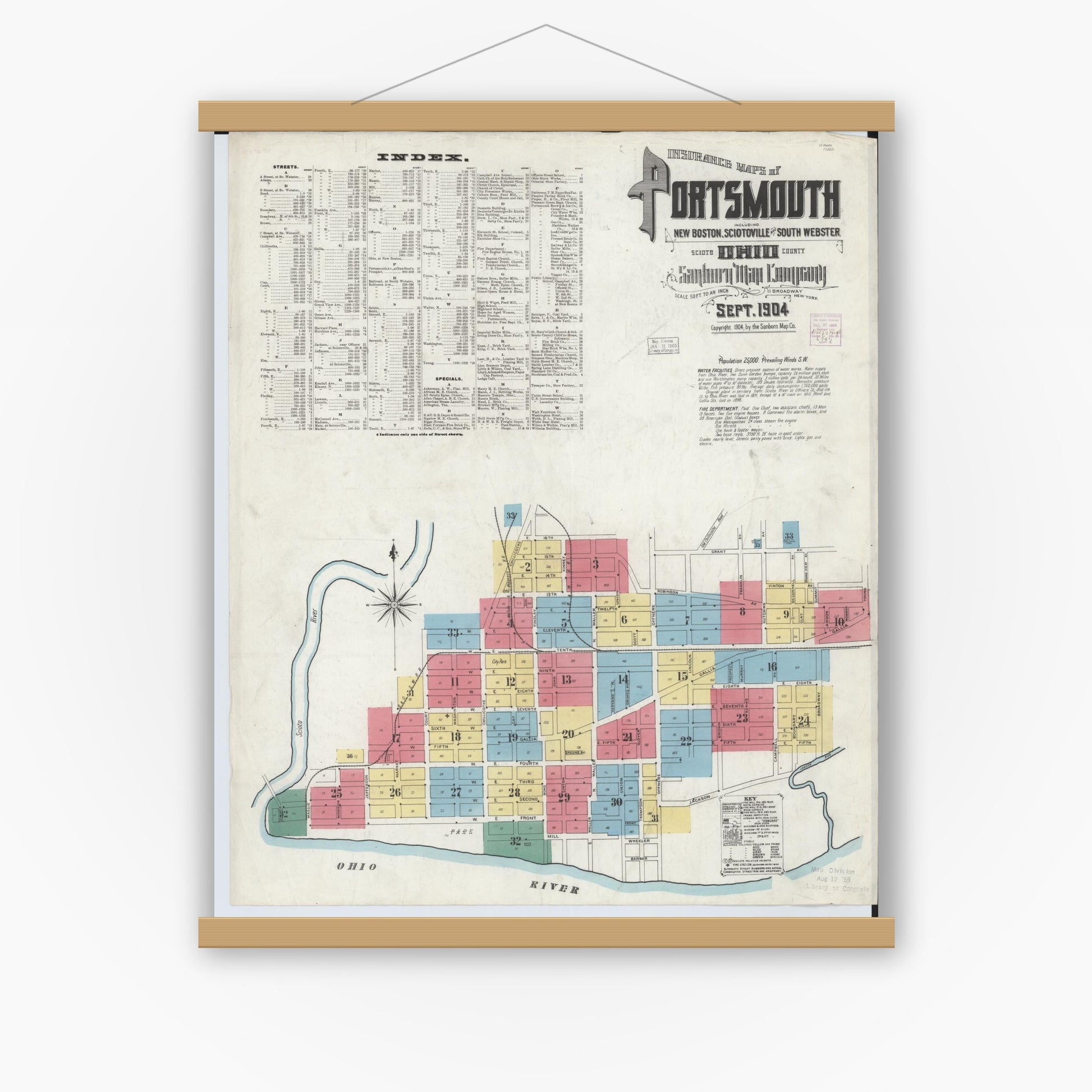 Old map wall art mockup — magnetic wood frame on white wall — Sanborn Fire Insurance Map from Portsmouth, Scioto County, Ohio (1904), Sheet #0001