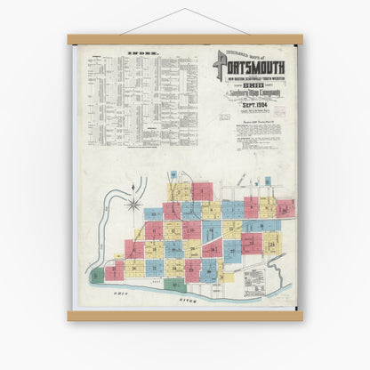 Old map wall art mockup — magnetic wood frame on white wall — Sanborn Fire Insurance Map from Portsmouth, Scioto County, Ohio (1904), Sheet #0001