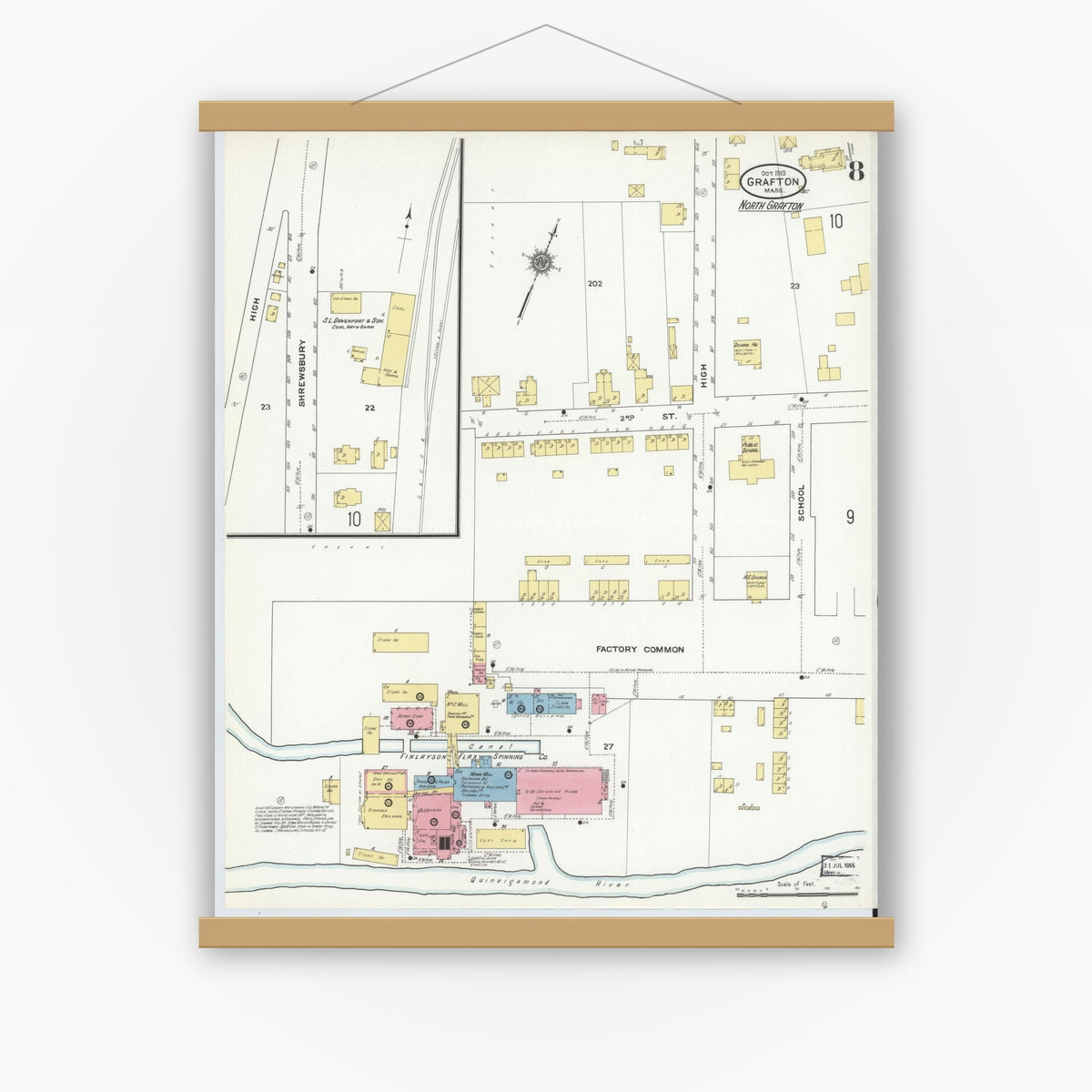 Old map wall art mockup — magnetic wood frame on white wall — Sanborn Fire Insurance Map from Grafton, Worcester County, Massachusetts (1910), Sheet #0008