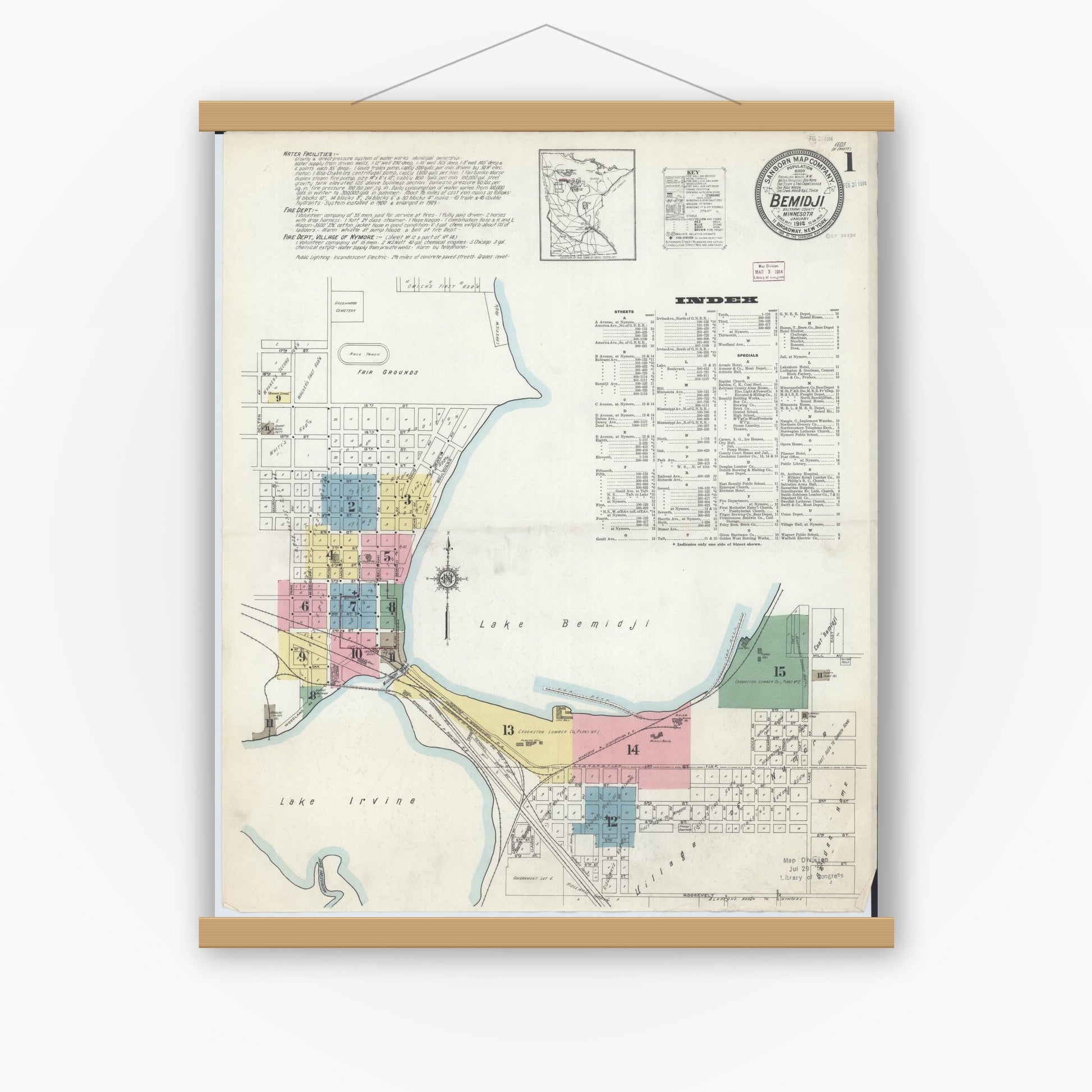 Old map wall art mockup — magnetic wood frame on white wall — Sanborn Fire Insurance Map from Bemidji, Beltrami County, Minnesota (1914), Sheet #0001