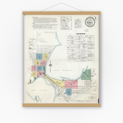 Old map wall art mockup — magnetic wood frame on white wall — Sanborn Fire Insurance Map from Bemidji, Beltrami County, Minnesota (1914), Sheet #0001