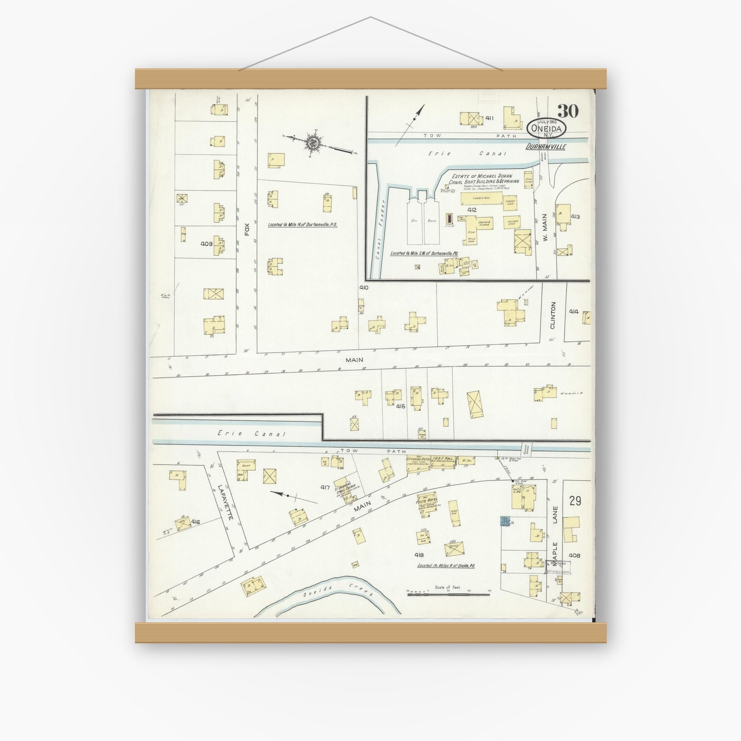 Old map wall art mockup — magnetic wood frame on white wall — Sanborn Fire Insurance Map from Oneida, Madison County, New York (1914), Sheet #0030