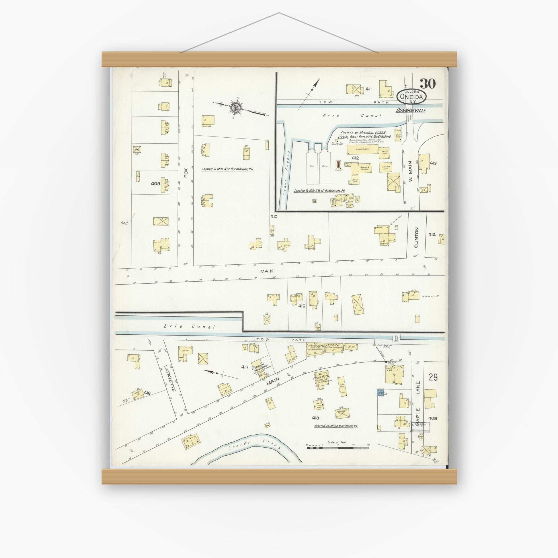Old map wall art mockup — magnetic wood frame on white wall — Sanborn Fire Insurance Map from Oneida, Madison County, New York (1914), Sheet #0030