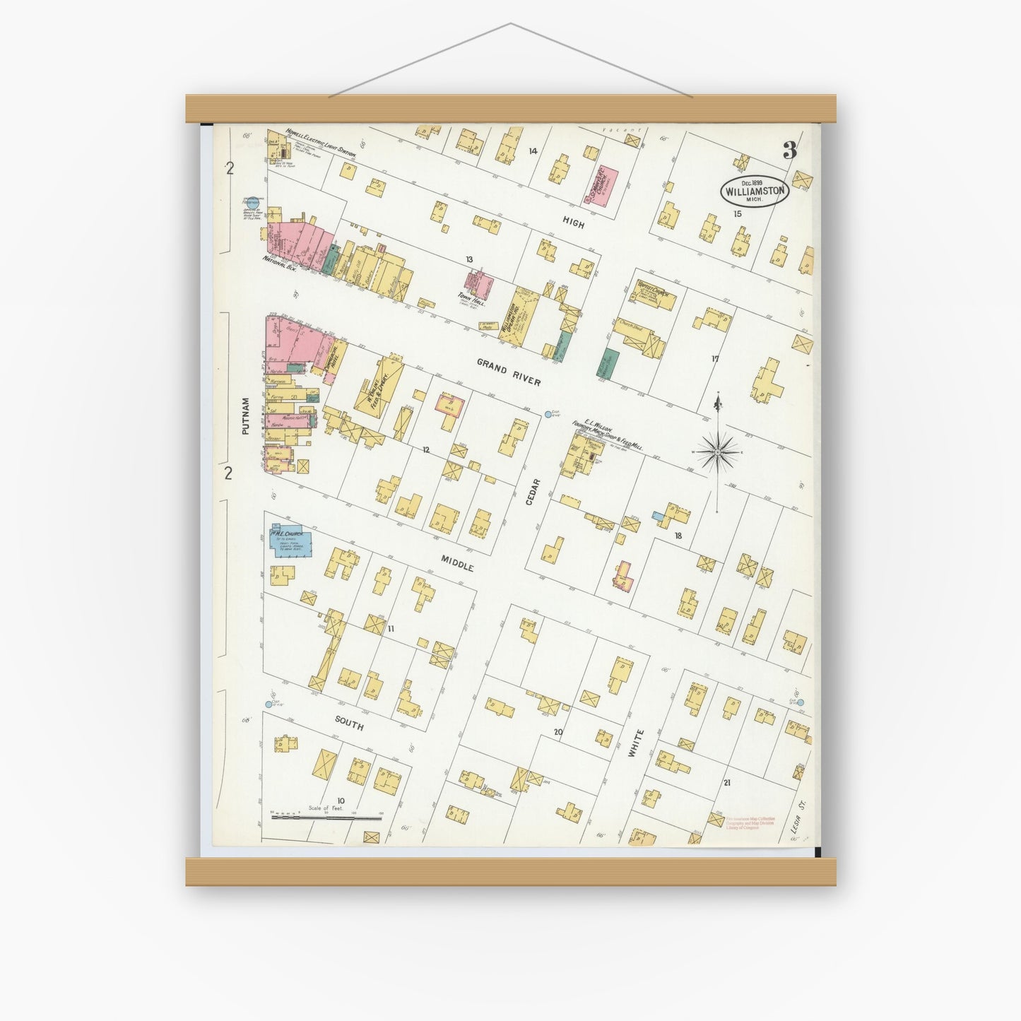 Old map wall art mockup — magnetic wood frame on white wall — Sanborn Fire Insurance Map from Williamston, Ingham County, Michigan (1899), Sheet #0003
