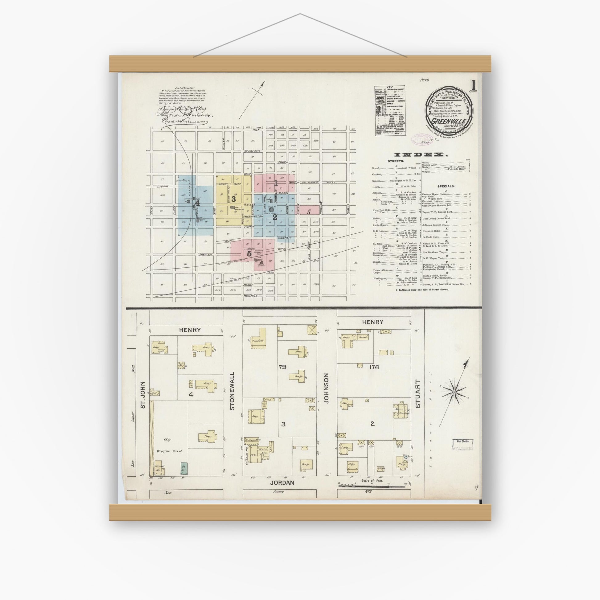 Old map wall art mockup — magnetic wood frame on white wall — Sanborn Fire Insurance Map from Greenville, Hunt County, Texas (1888), Sheet #0001
