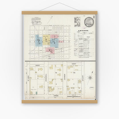 Old map wall art mockup — magnetic wood frame on white wall — Sanborn Fire Insurance Map from Greenville, Hunt County, Texas (1888), Sheet #0001