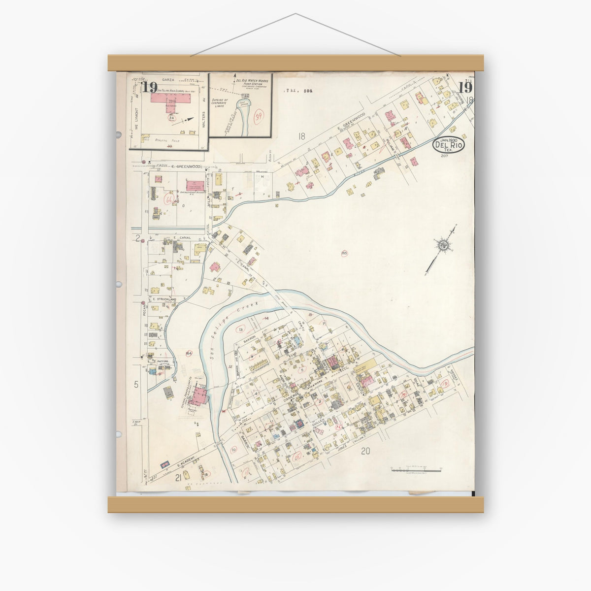 Old map wall art mockup — magnetic wood frame on white wall — Sanborn Fire Insurance Map from Del Rio, Val Verde County, Texas (1948), Sheet #0019