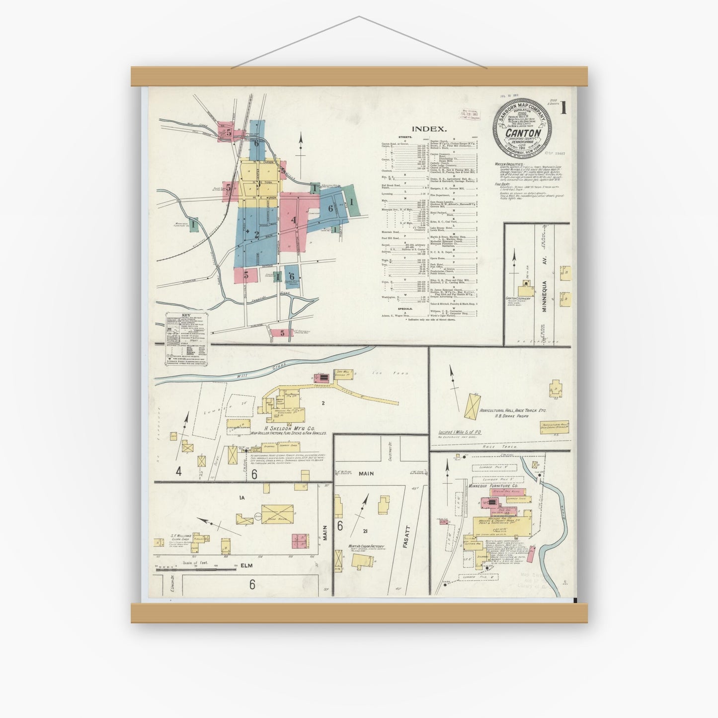 Old map wall art mockup — magnetic wood frame on white wall — Sanborn Fire Insurance Map from Canton, Bradford County, Pennsylvania (1911) - Complete Map Set