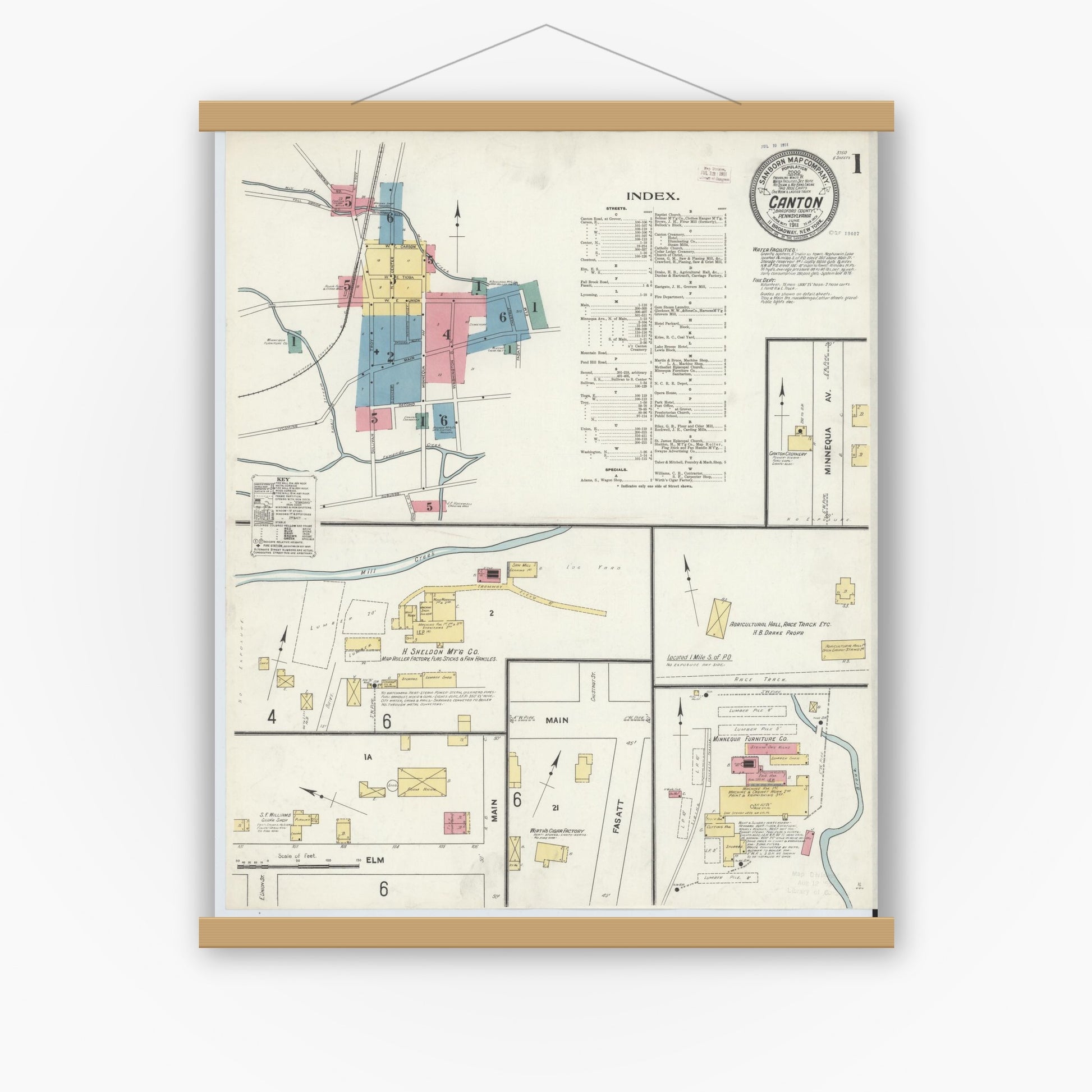 Old map wall art mockup — magnetic wood frame on white wall — Sanborn Fire Insurance Map from Canton, Bradford County, Pennsylvania (1911) - Complete Map Set