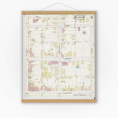 Old map wall art mockup — magnetic wood frame on white wall — Sanborn Fire Insurance Map from Bellefontaine, Logan County, Ohio (1892), Sheet #0004