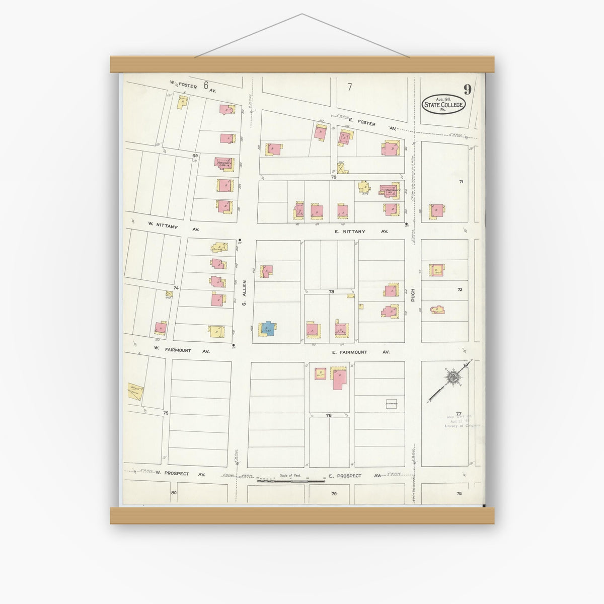 Old map wall art mockup — magnetic wood frame on white wall — Sanborn Fire Insurance Map from State College, Centre County, Pennsylvania (1911), Sheet #0009