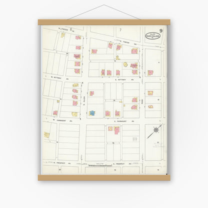 Old map wall art mockup — magnetic wood frame on white wall — Sanborn Fire Insurance Map from State College, Centre County, Pennsylvania (1911), Sheet #0009