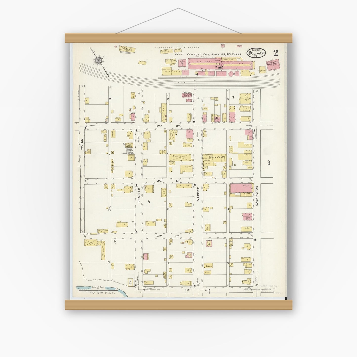 Old map wall art mockup — magnetic wood frame on white wall — Sanborn Fire Insurance Map from Bolivar, Westmoreland County, Pennsylvania (1915), Sheet #0002