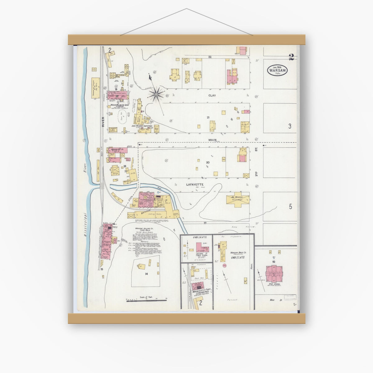 Old map wall art mockup — magnetic wood frame on white wall — Sanborn Fire Insurance Map from Warsaw, Hancock County, Illinois (1906), Sheet #0002