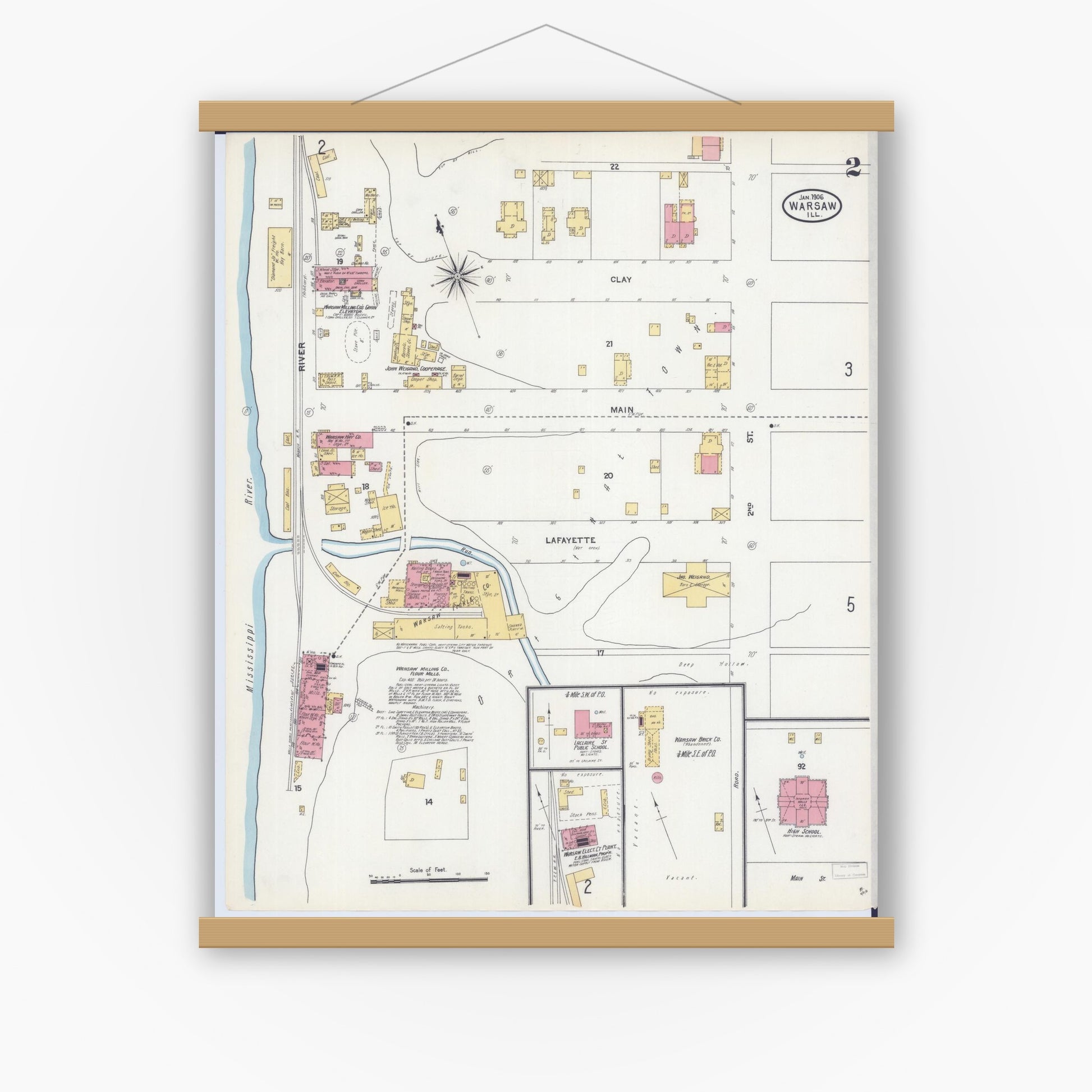 Old map wall art mockup — magnetic wood frame on white wall — Sanborn Fire Insurance Map from Warsaw, Hancock County, Illinois (1906), Sheet #0002