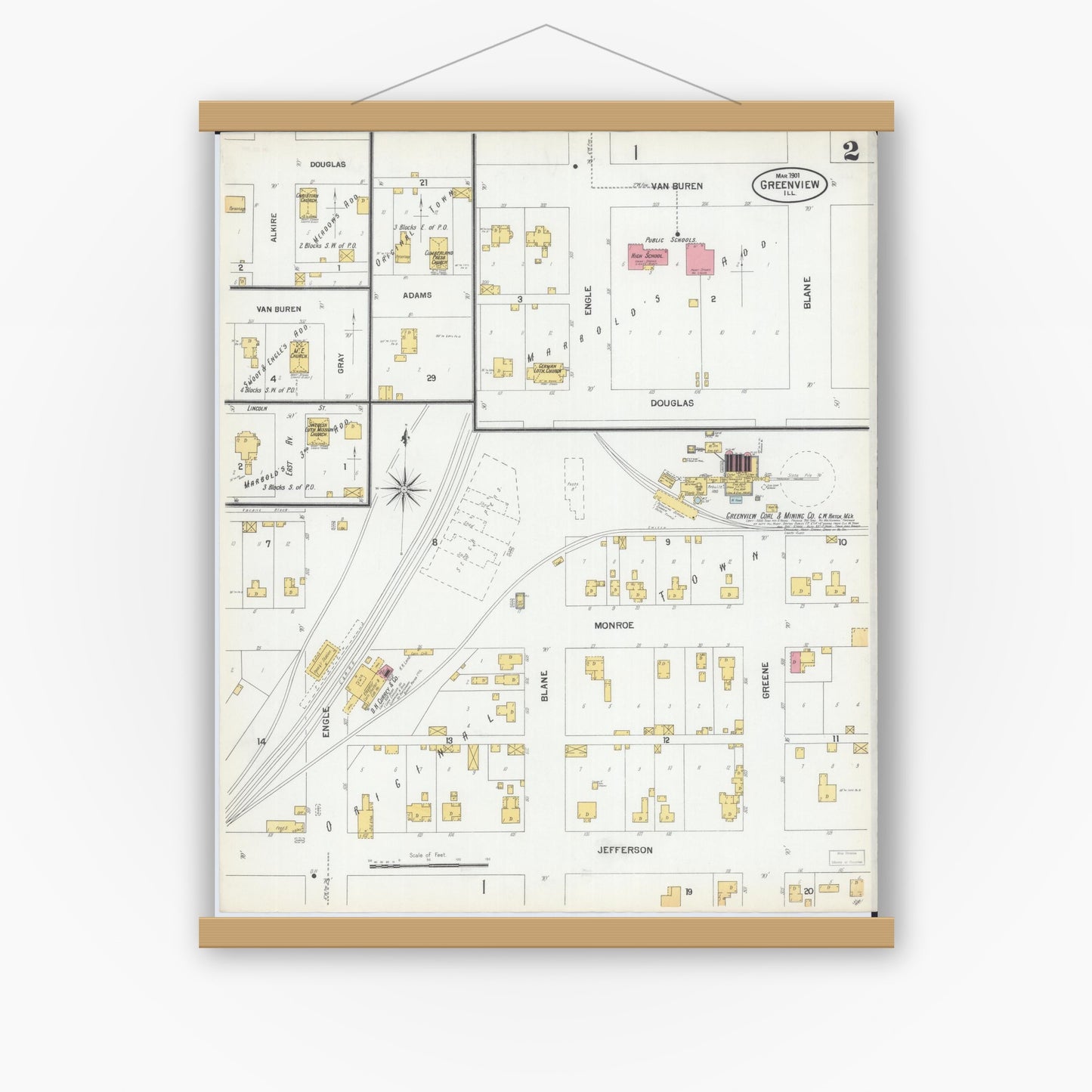 Old map wall art mockup — magnetic wood frame on white wall — Sanborn Fire Insurance Map from Greenview, Menard County, Illinois (1901), Sheet #0002