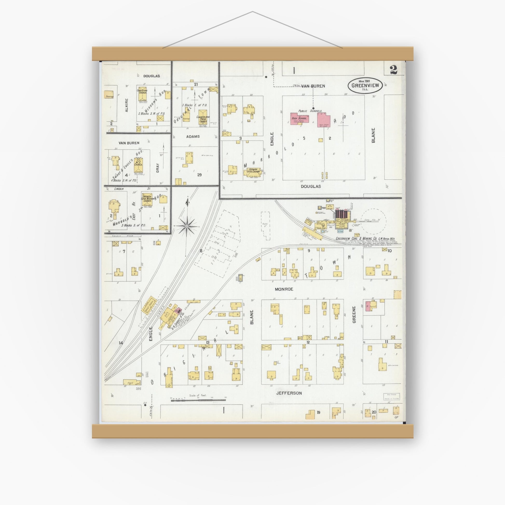 Old map wall art mockup — magnetic wood frame on white wall — Sanborn Fire Insurance Map from Greenview, Menard County, Illinois (1901), Sheet #0002