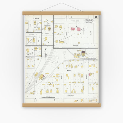 Old map wall art mockup — magnetic wood frame on white wall — Sanborn Fire Insurance Map from Greenview, Menard County, Illinois (1901), Sheet #0002
