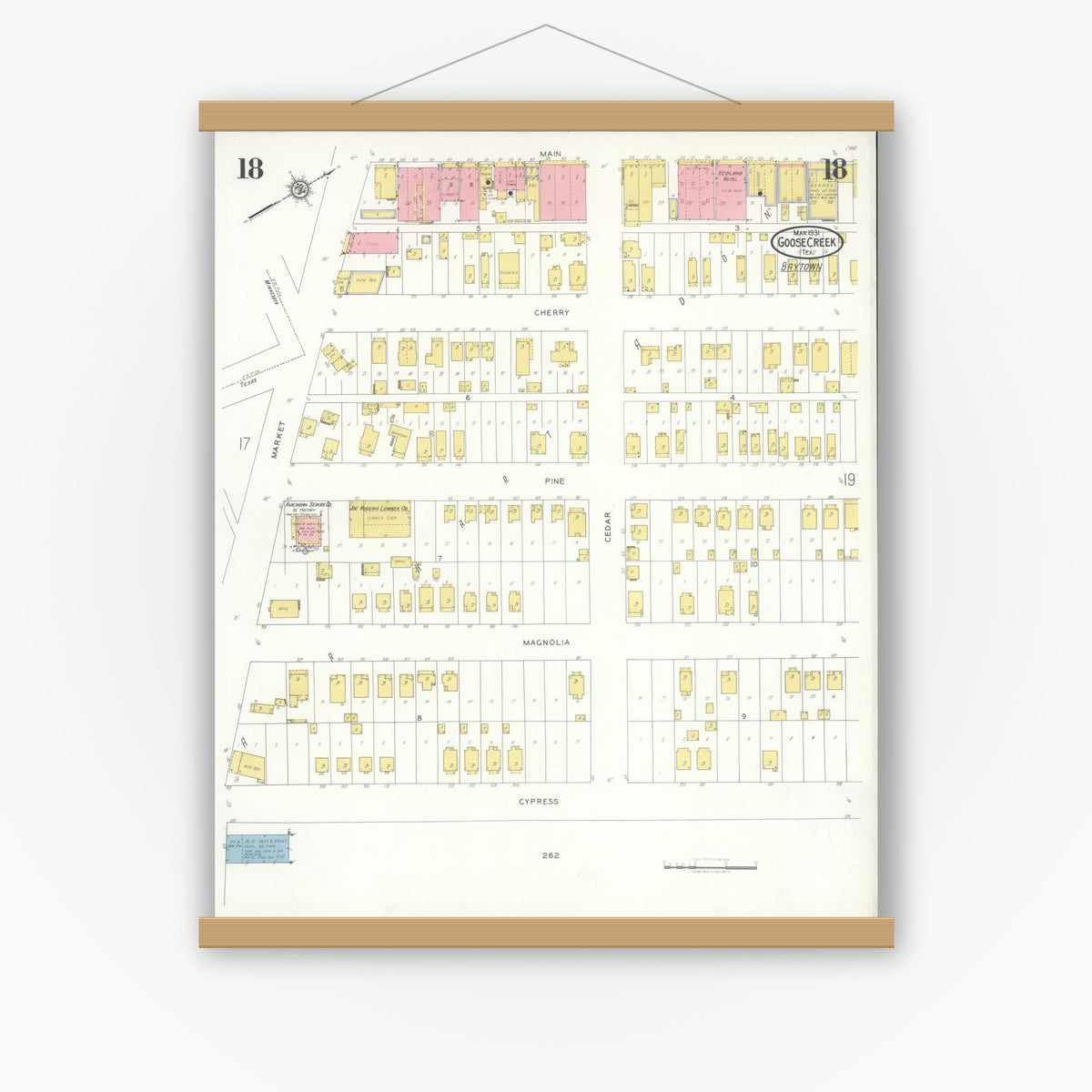Old map wall art mockup — magnetic wood frame on white wall — Sanborn Fire Insurance Map from Goose Creek, Harris County, Texas (1931), Sheet #0018