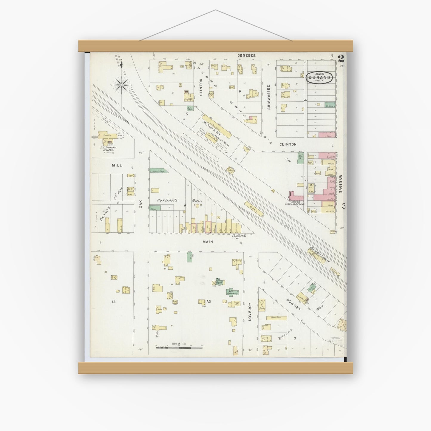 Old map wall art mockup — magnetic wood frame on white wall — Sanborn Fire Insurance Map from Durand, Shiawassee County, Michigan (1896), Sheet #0002