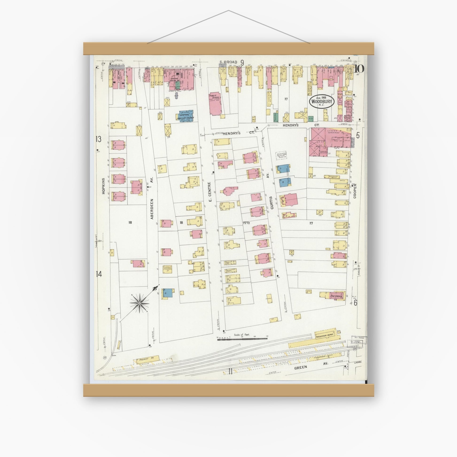Old map wall art mockup — magnetic wood frame on white wall — Sanborn Fire Insurance Map from Woodbury, Gloucester County, New Jersey (1908), Sheet #0010