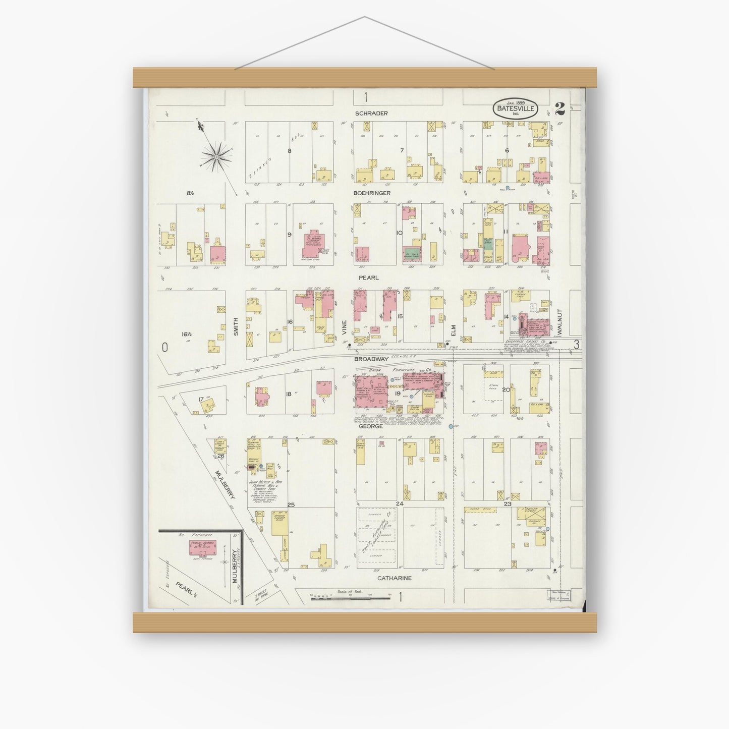 Old map wall art mockup — magnetic wood frame on white wall — Sanborn Fire Insurance Map from Batesville, Ripley County, Indiana (1899), Sheet #0002