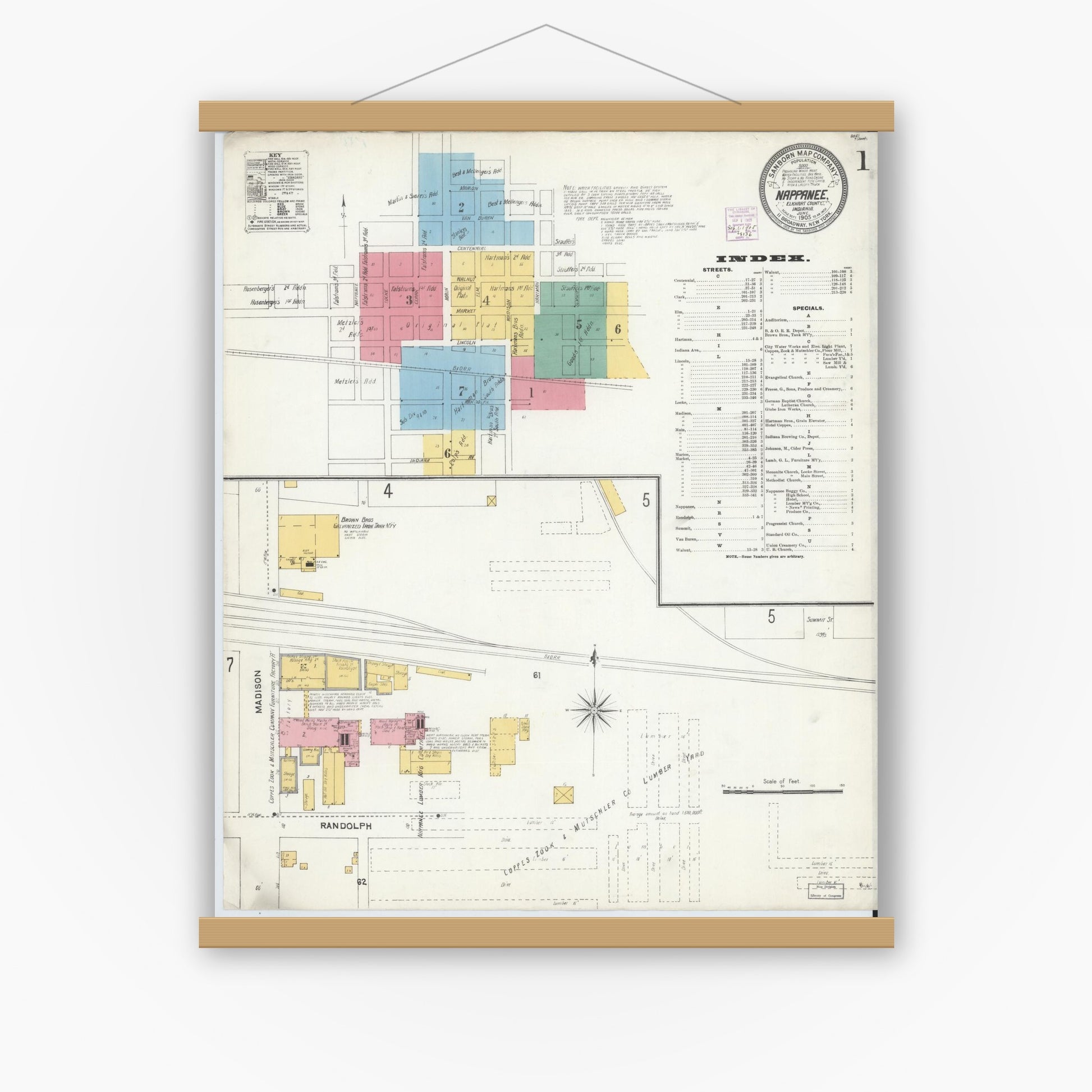 Old map wall art mockup — magnetic wood frame on white wall — Sanborn Fire Insurance Map from Nappanee, Elkhart County, Indiana (1905) - Complete Map Set