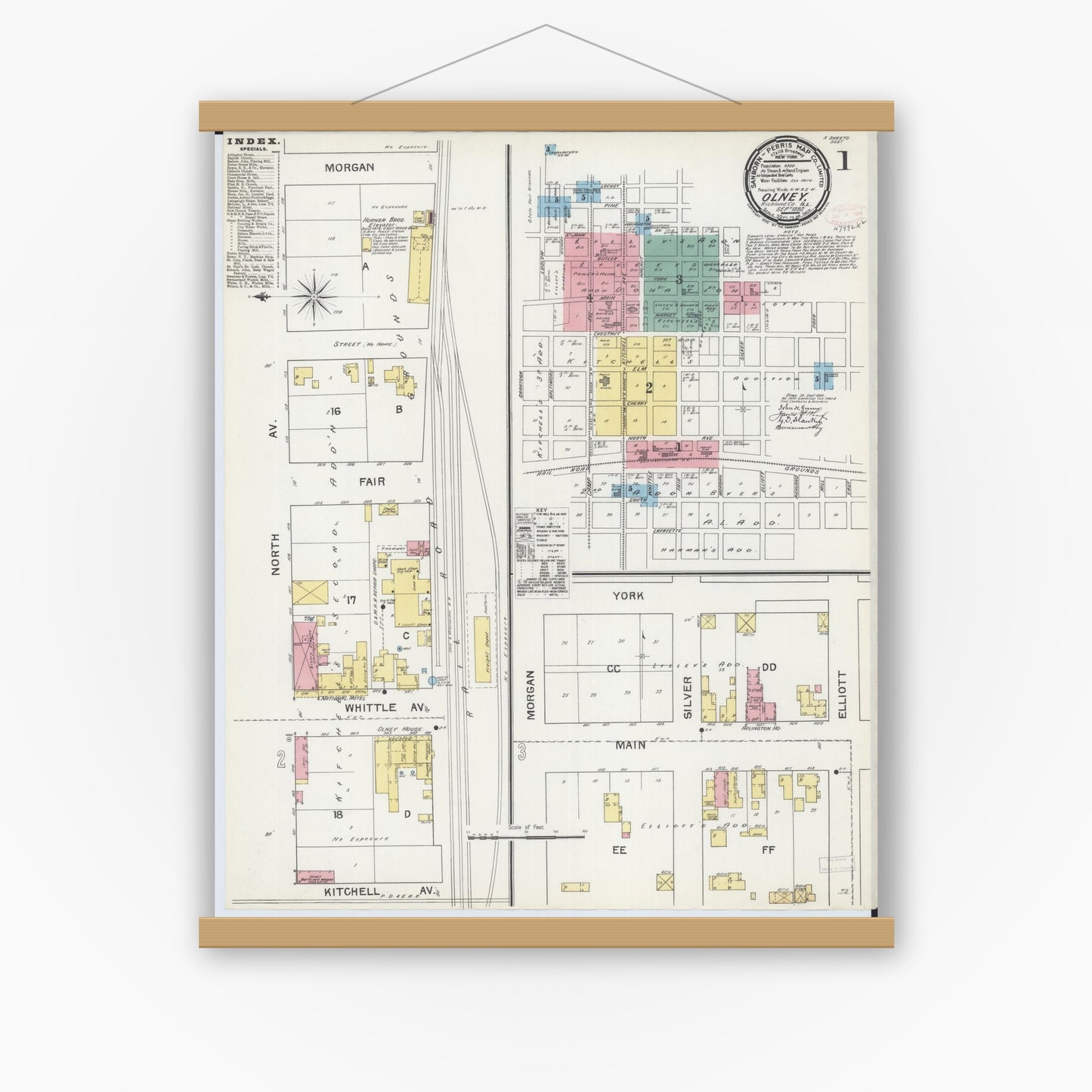Old map wall art mockup — magnetic wood frame on white wall — Sanborn Fire Insurance Map from Olney, Richland County, Illinois (1892) - Complete Map Set