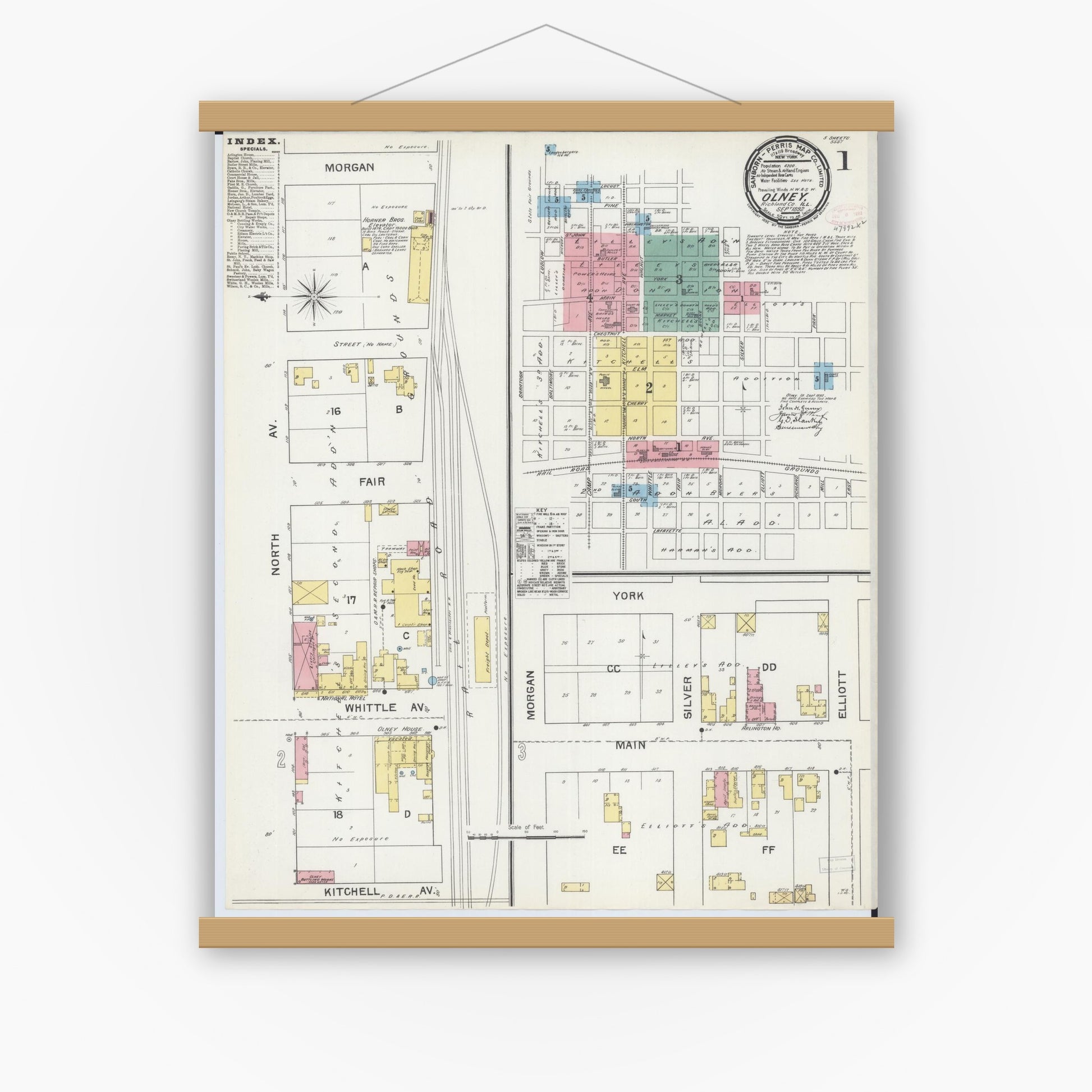 Old map wall art mockup — magnetic wood frame on white wall — Sanborn Fire Insurance Map from Olney, Richland County, Illinois (1892) - Complete Map Set