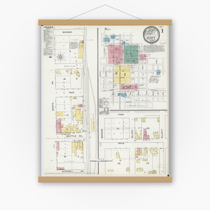 Old map wall art mockup — magnetic wood frame on white wall — Sanborn Fire Insurance Map from Olney, Richland County, Illinois (1892) - Complete Map Set