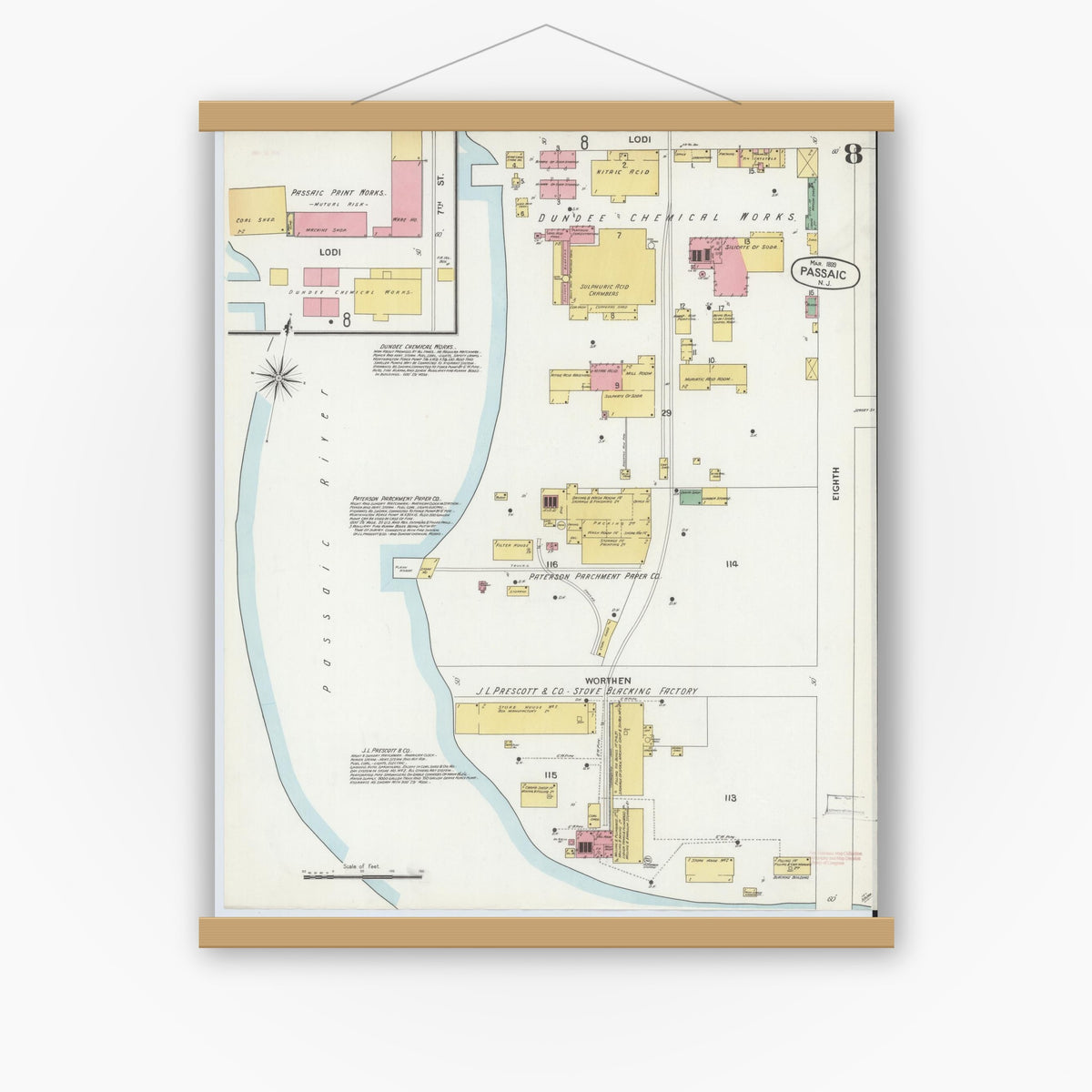 Old map wall art mockup — magnetic wood frame on white wall — Sanborn Fire Insurance Map from Passaic, Passaic County, New Jersey (1899), Sheet #0008