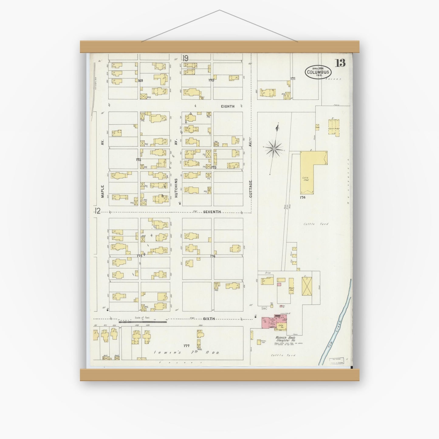 Old map wall art mockup — magnetic wood frame on white wall — Sanborn Fire Insurance Map from Columbus, Bartholomew County, Indiana (1898), Sheet #0013