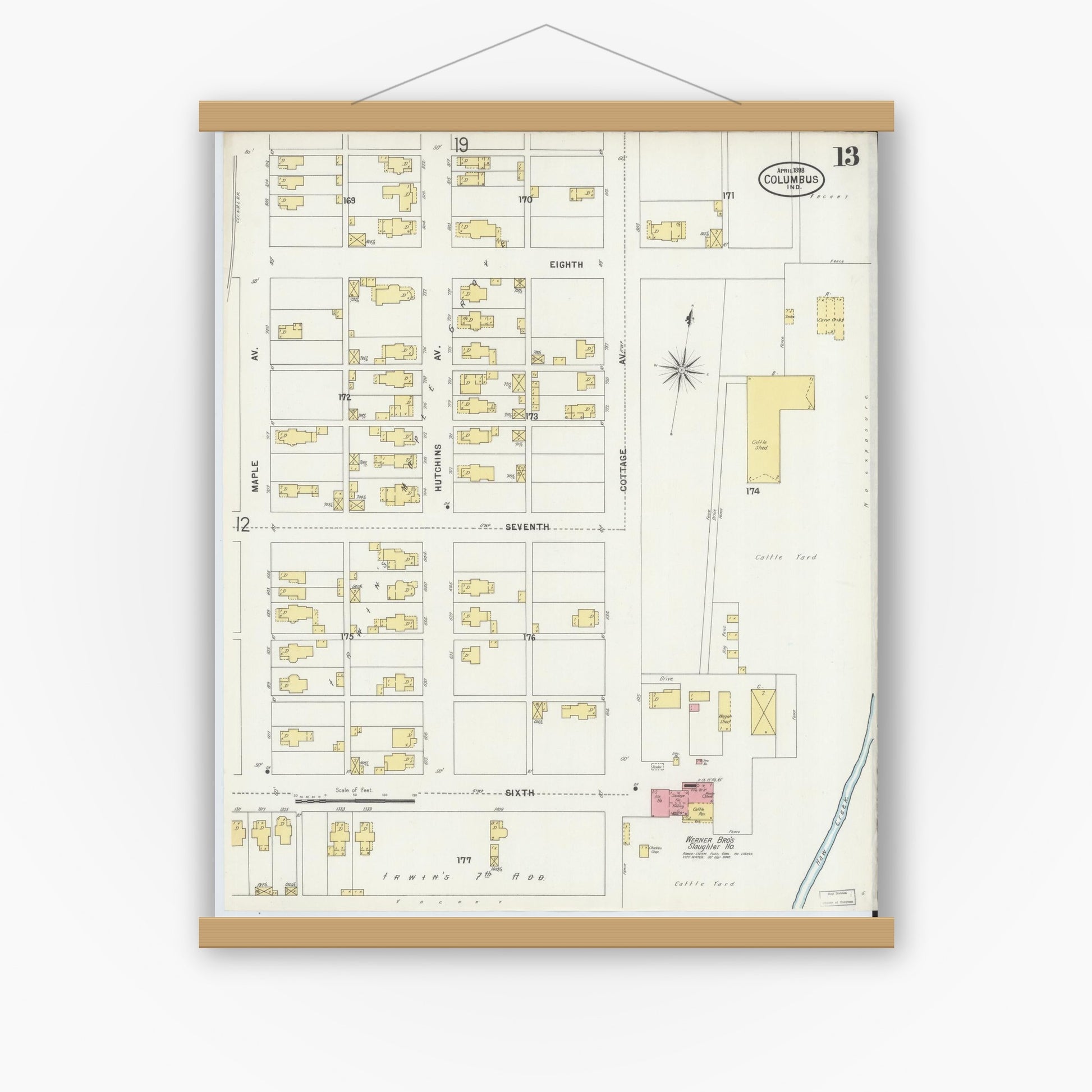 Old map wall art mockup — magnetic wood frame on white wall — Sanborn Fire Insurance Map from Columbus, Bartholomew County, Indiana (1898), Sheet #0013