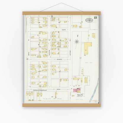 Old map wall art mockup — magnetic wood frame on white wall — Sanborn Fire Insurance Map from Columbus, Bartholomew County, Indiana (1898), Sheet #0013
