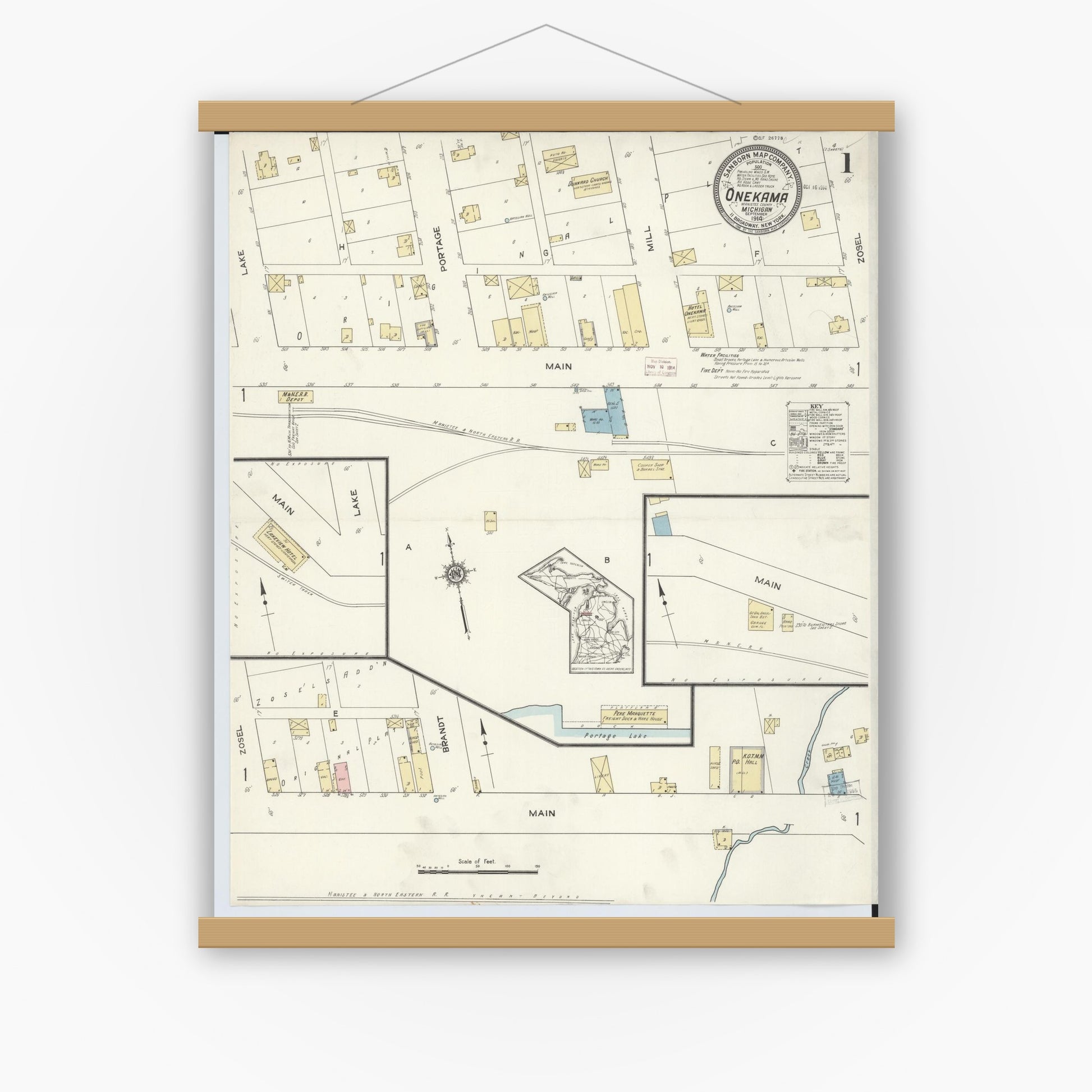 Old map wall art mockup — magnetic wood frame on white wall — Sanborn Fire Insurance Map from Onekama, Manistee County, Michigan (1914) - Complete Map Set