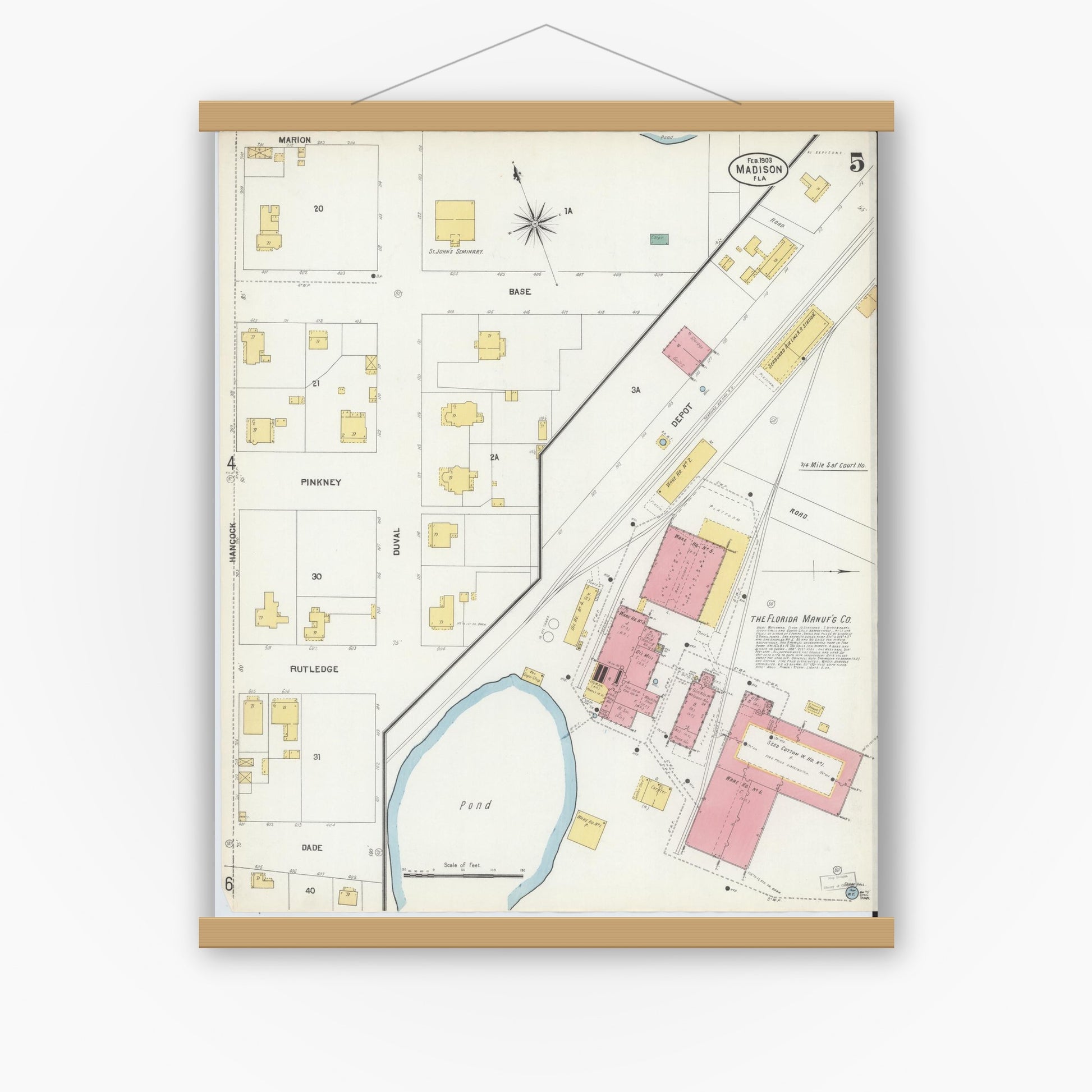 Old map wall art mockup — magnetic wood frame on white wall — Sanborn Fire Insurance Map from Madison, Madison County, Florida (1903), Sheet #0005