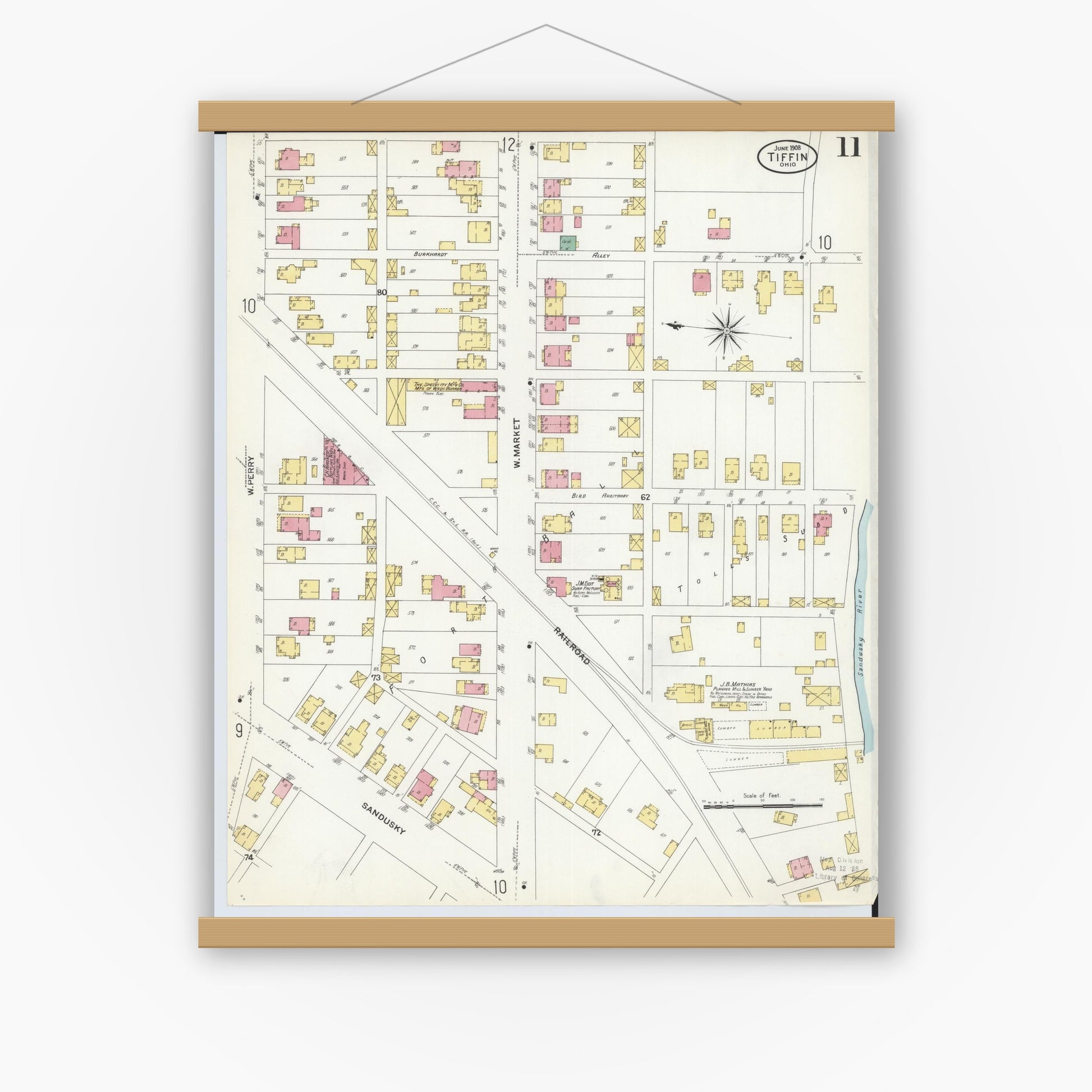 Old map wall art mockup — magnetic wood frame on white wall — Sanborn Fire Insurance Map from Tiffin, Seneca County, Ohio (1908), Sheet #0011