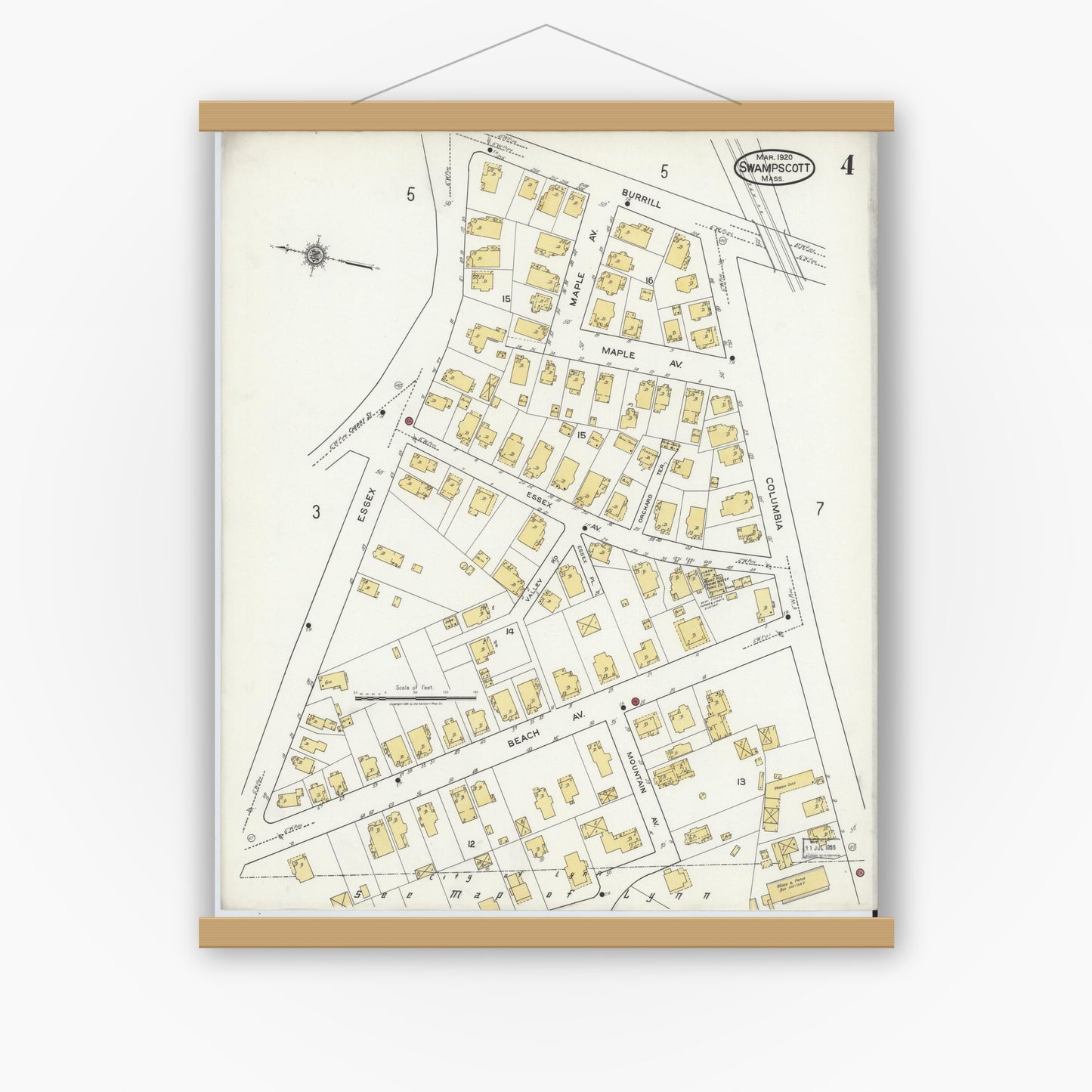 Old map wall art mockup — magnetic wood frame on white wall — Sanborn Fire Insurance Map from Swampscott, Essex County, Massachusetts (1920), Sheet #0004
