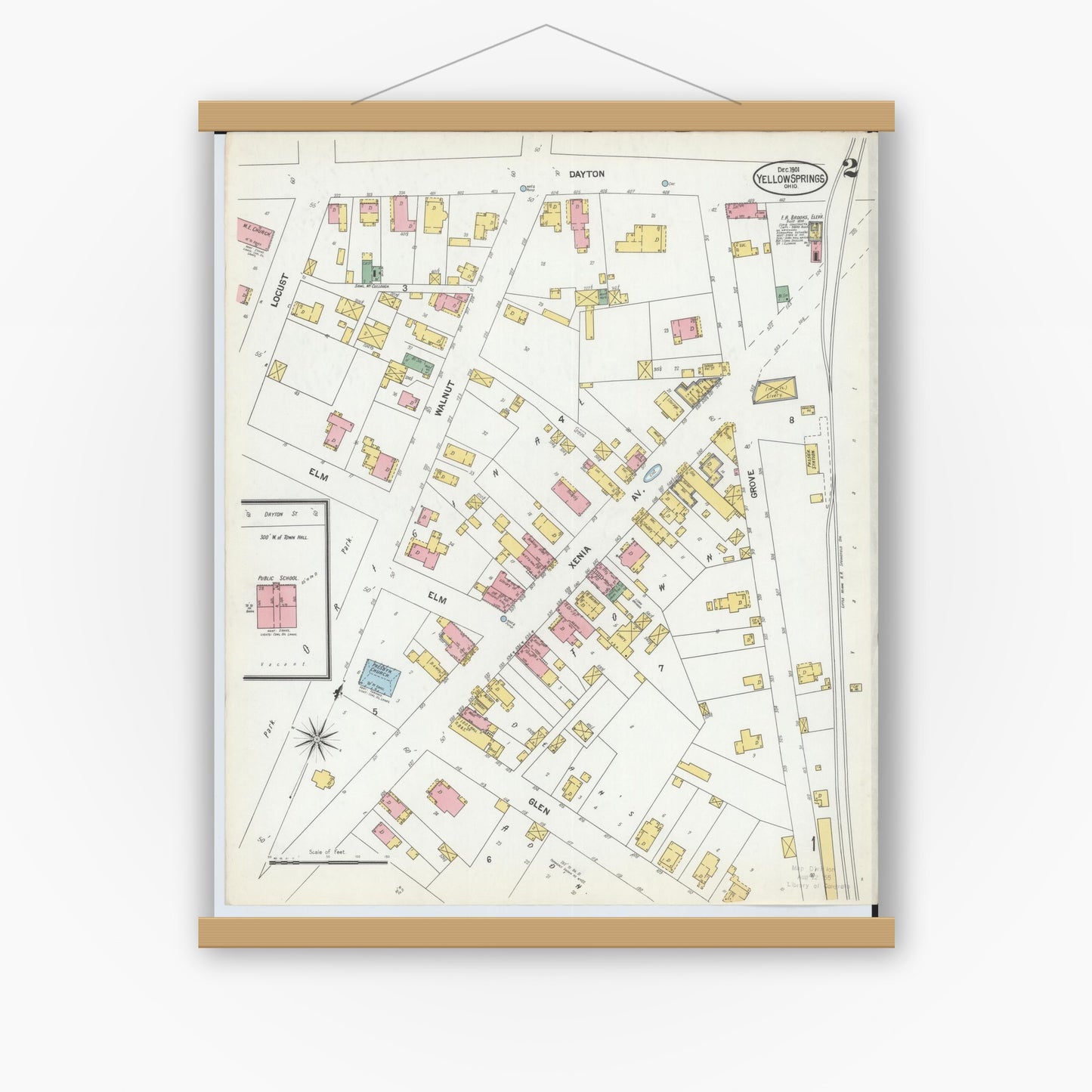 Old map wall art mockup — magnetic wood frame on white wall — Sanborn Fire Insurance Map from Yellow Springs, Greene County, Ohio (1901), Sheet #0002