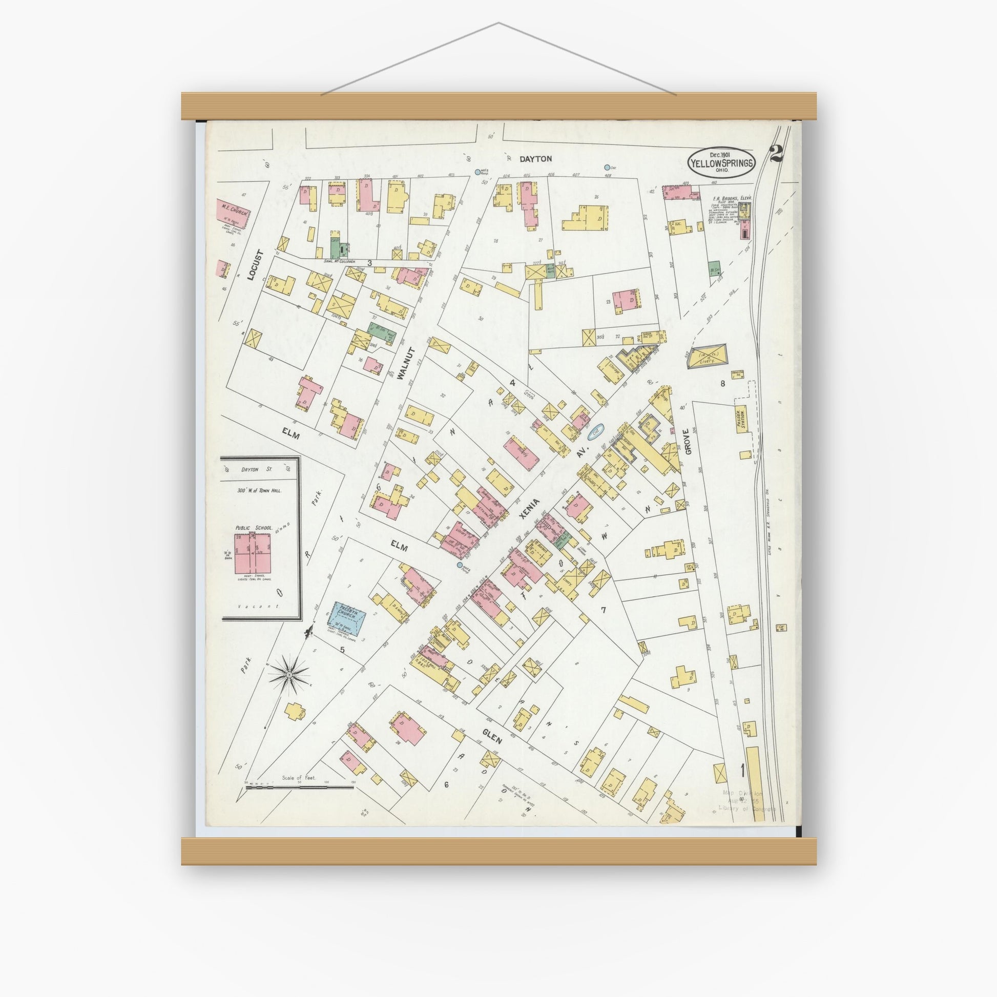 Old map wall art mockup — magnetic wood frame on white wall — Sanborn Fire Insurance Map from Yellow Springs, Greene County, Ohio (1901), Sheet #0002