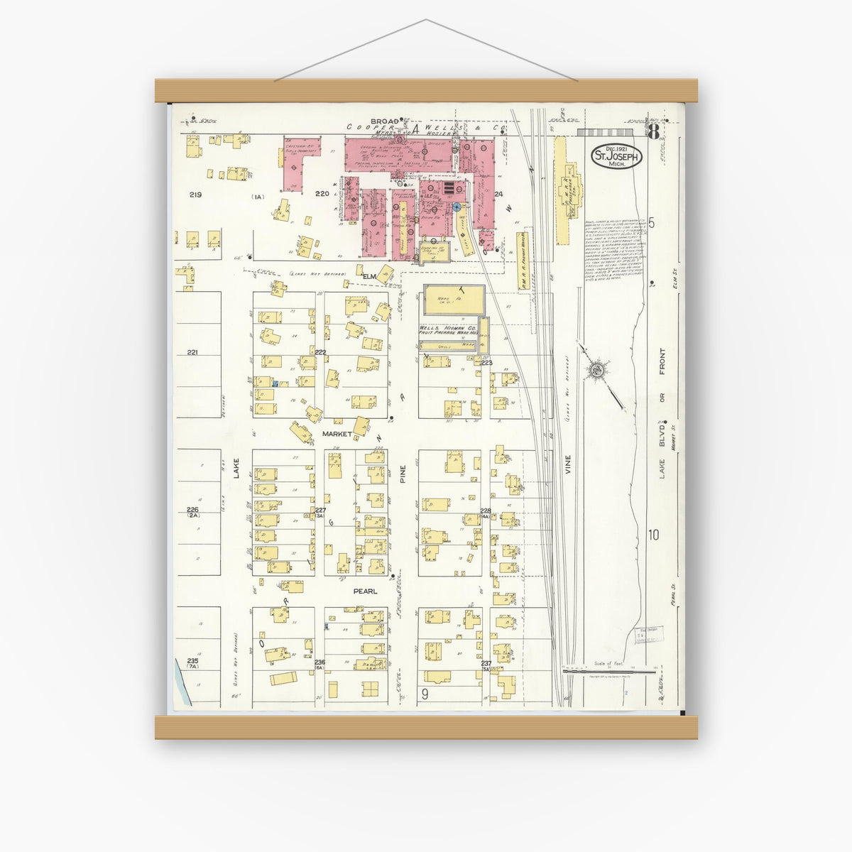 Old map wall art mockup — magnetic wood frame on white wall — Sanborn Fire Insurance Map from Saint Joseph, Berrien County, Michigan (1921), Sheet #0008