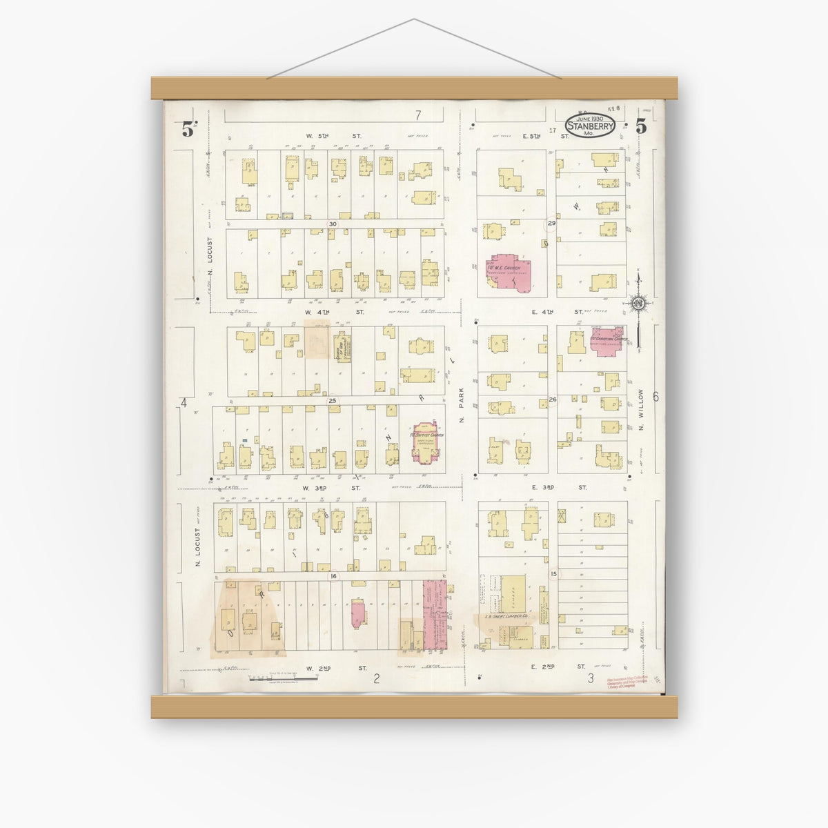 Old map wall art mockup — magnetic wood frame on white wall — Sanborn Fire Insurance Map from Stanberry, Gentry County, Missouri (1940), Sheet #0005
