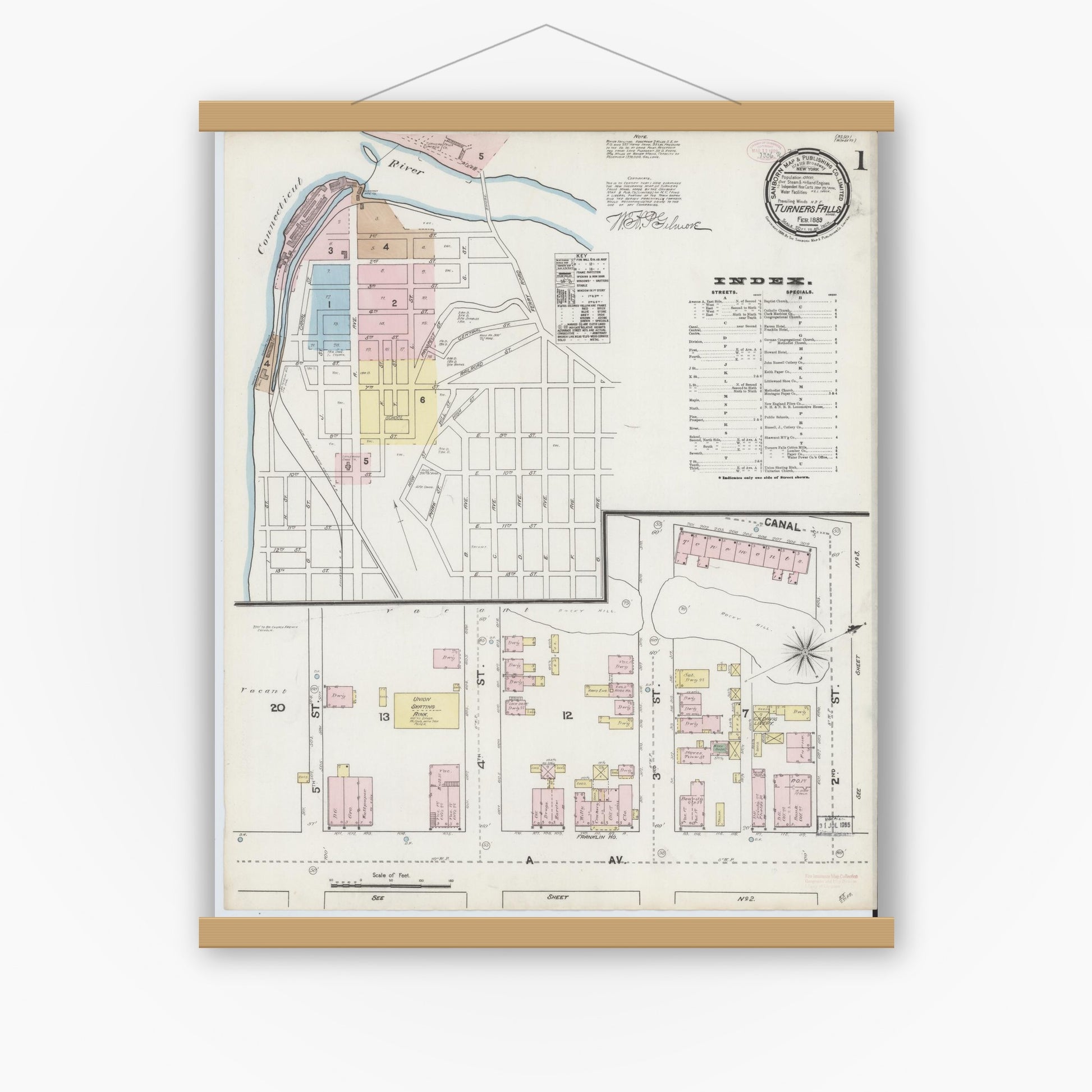 Old map wall art mockup — magnetic wood frame on white wall — Sanborn Fire Insurance Map from Turners Falls, Franklin County, Massachusetts (1889), Sheet #0001
