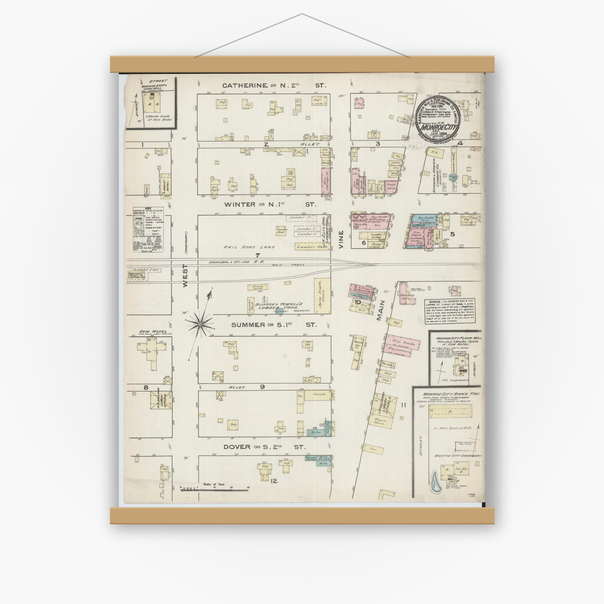 Old map wall art mockup — magnetic wood frame on white wall — Sanborn Fire Insurance Map from Monroe City, Monroe County, Missouri (1884), Sheet #0001