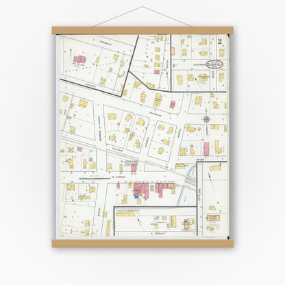 Old map wall art mockup — magnetic wood frame on white wall — Sanborn Fire Insurance Map from Blissfield, Lenawee County, Michigan (1919), Sheet #0002