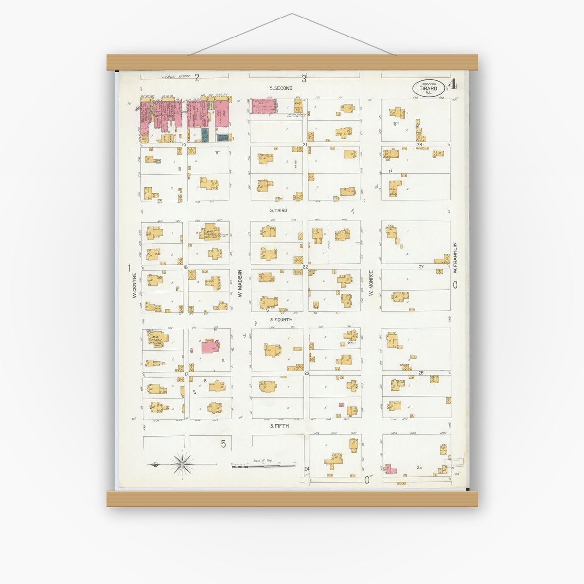 Old map wall art mockup — magnetic wood frame on white wall — Sanborn Fire Insurance Map from Girard, Macoupin County, Illinois (1906), Sheet #0004