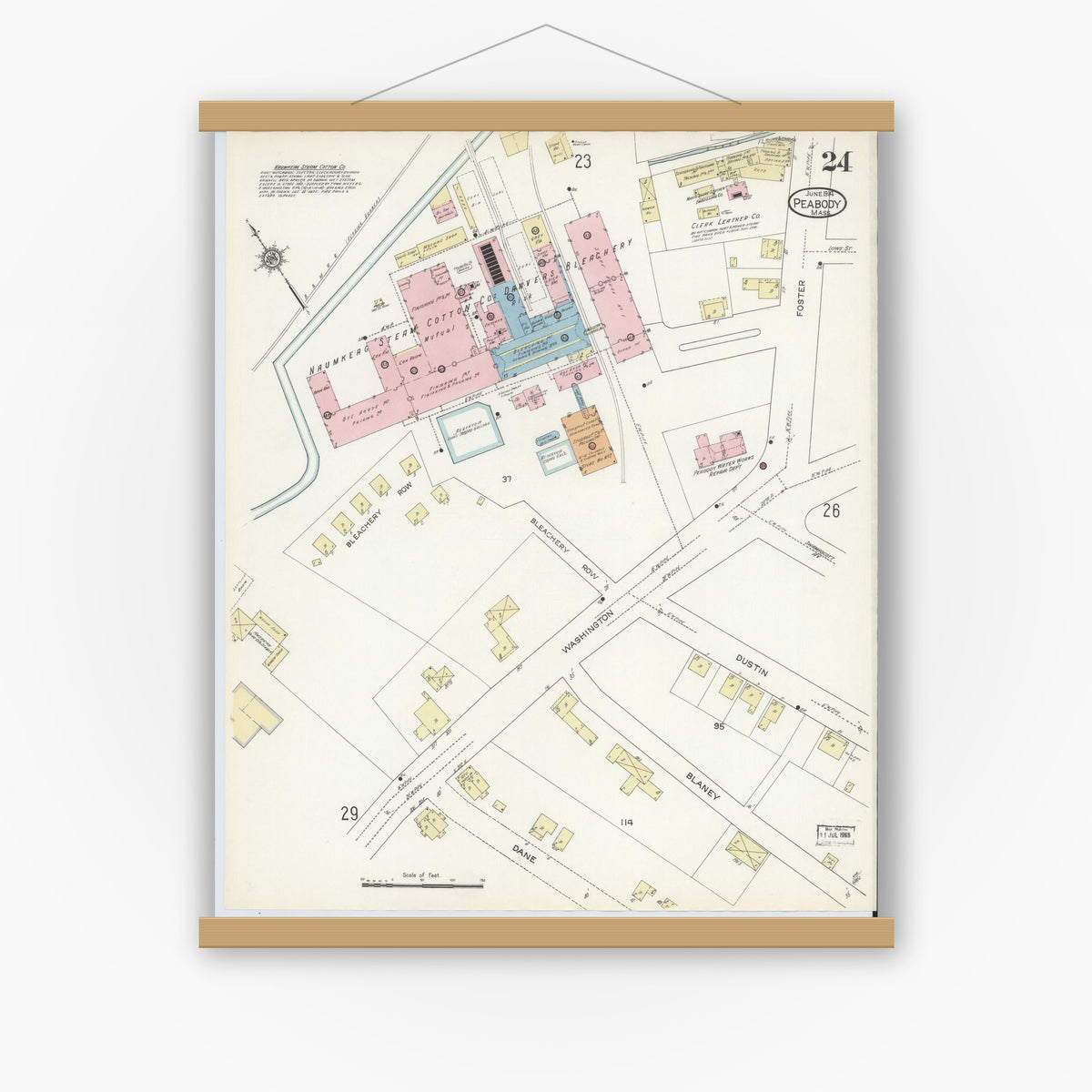 Old map wall art mockup — magnetic wood frame on white wall — Sanborn Fire Insurance Map from Peabody, Essex County, Massachusetts (1914), Sheet #0024