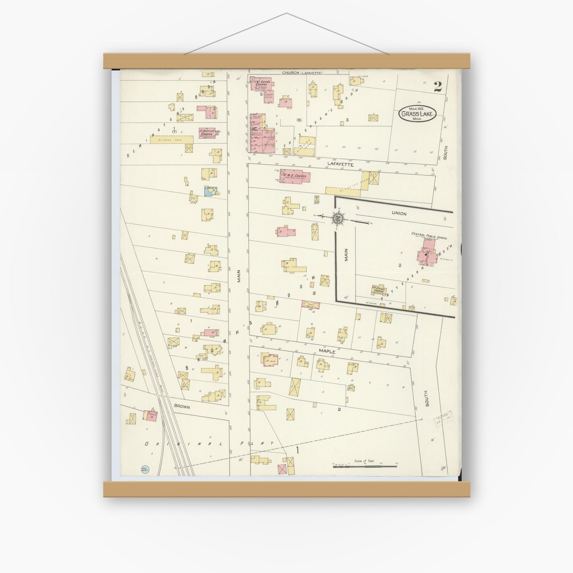 Old map wall art mockup — magnetic wood frame on white wall — Sanborn Fire Insurance Map from Grass Lake, Jackson County, Michigan (1913), Sheet #0002