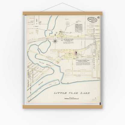 Old map wall art mockup — magnetic wood frame on white wall — Sanborn Fire Insurance Map from Cadillac, Wexford County, Michigan (1884), Sheet #0006